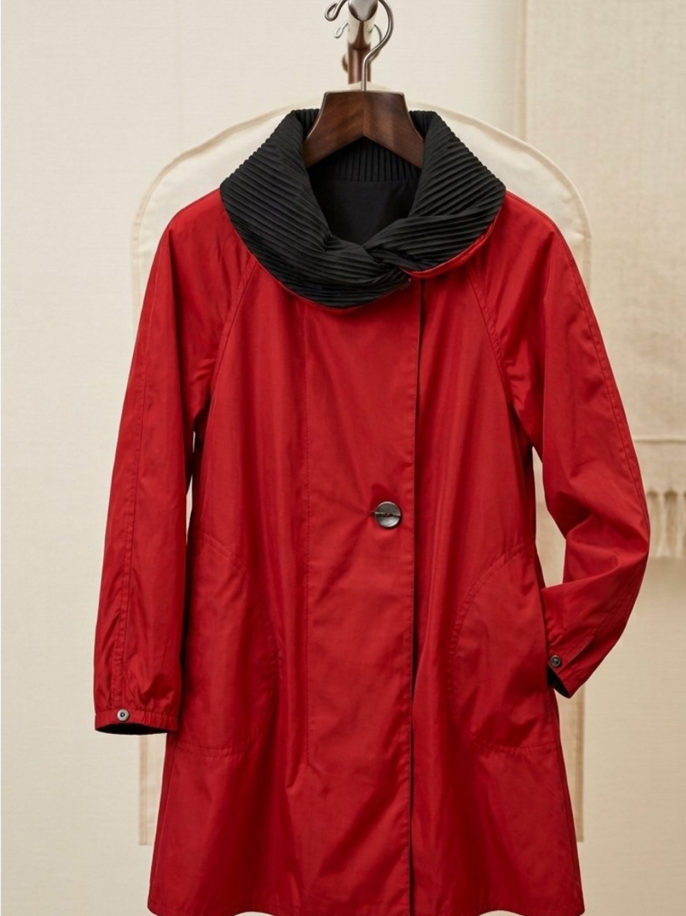 Mycra Pac Red Trench Coat with Black Pleated Collar